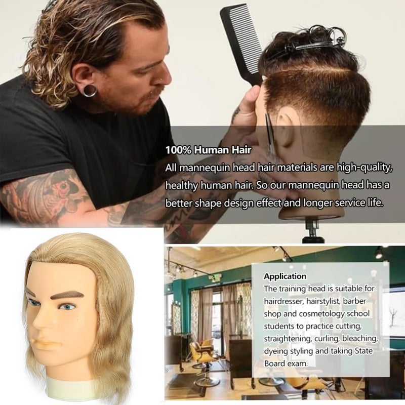 simnient Professional Male Mannequin Head, 14 Inch Blonde 100% Human Hair for Barber Hairdresser Practice Cutting & Styling, Cosmetology Training Head with Natural Straight Hair - Image 5